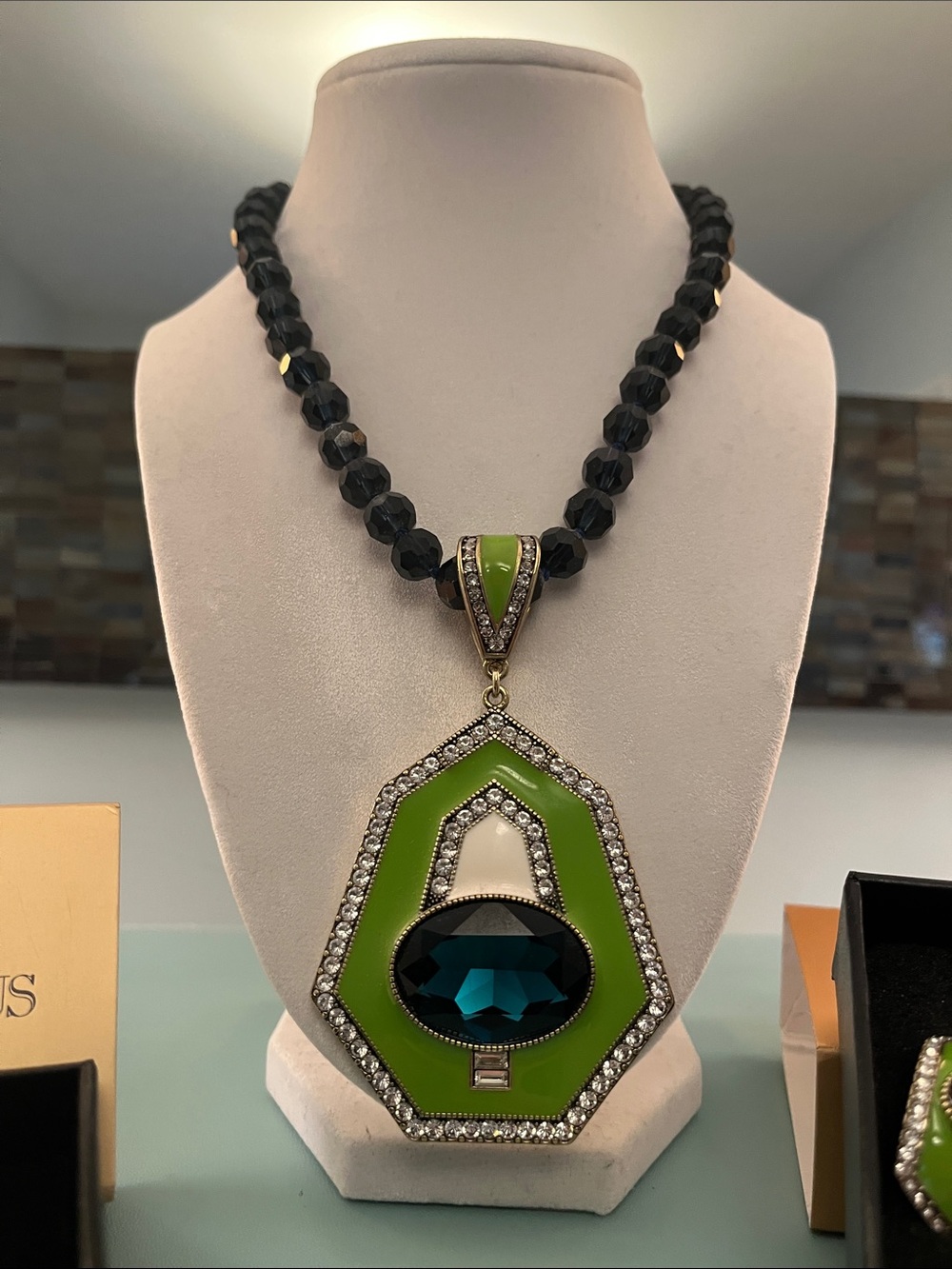 Heidi Daus Green Enamel & Blue Bead Statement Necklace and Matching Earrings